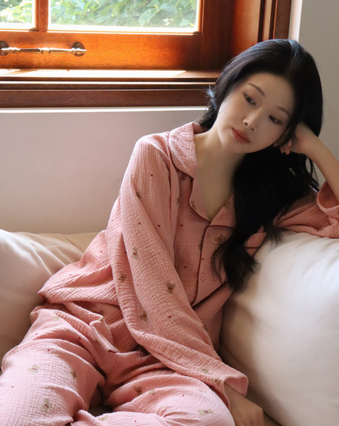[Juuneedu] Mandy Bear Crinkle Cotton Long Sleeve Pajamas (3colours)