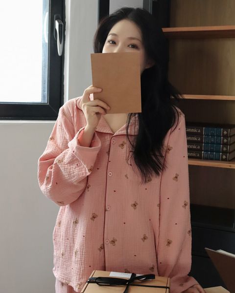 [Juuneedu] Mandy Bear Crinkle Cotton Long Sleeve Pajamas (3colours)