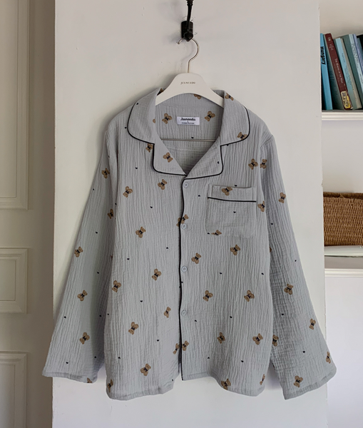 [Juuneedu] Mandy Bear Crinkle Cotton Long Sleeve Pajamas (3colours)