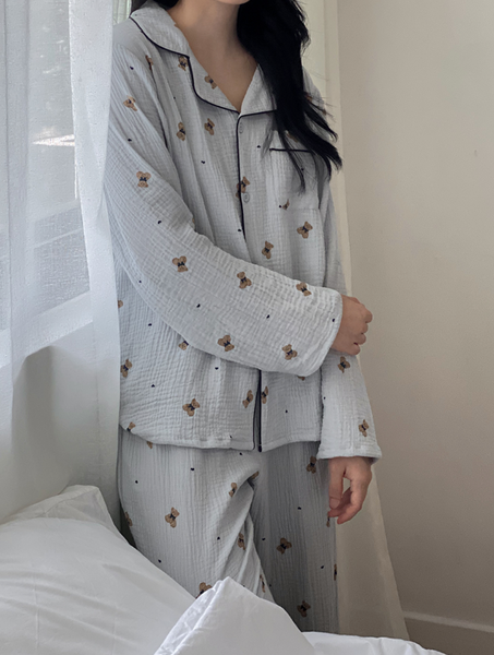 [Juuneedu] Mandy Bear Crinkle Cotton Long Sleeve Pajamas (3colours)