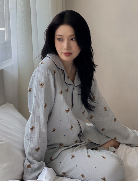 [Juuneedu] Mandy Bear Crinkle Cotton Long Sleeve Pajamas (3colours)