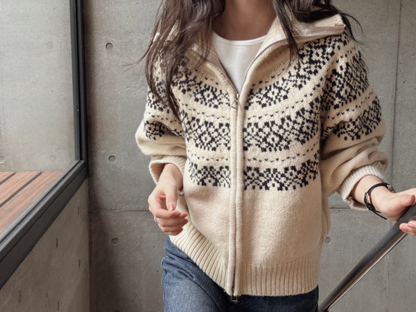 [SLOWAND] ONLYSLOW Nordic Thick High-Neck Knitwear Zip-Up