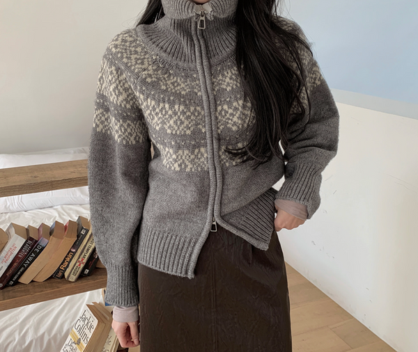 [SLOWAND] ONLYSLOW Nordic Thick High-Neck Knitwear Zip-Up