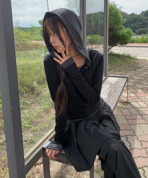 [MODIMOOD] Novin Colour Snap Hood Button T-Shirt