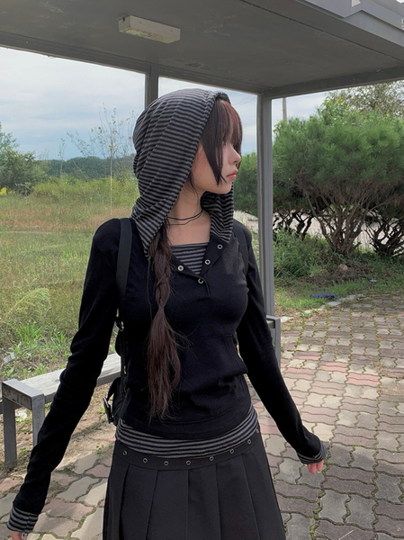 [MODIMOOD] Novin Colour Snap Hood Button T-Shirt