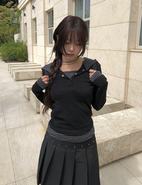 [MODIMOOD] Novin Colour Snap Hood Button T-Shirt