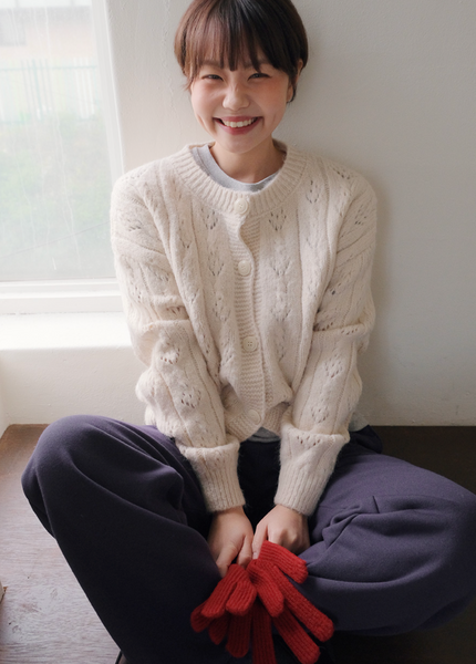 [FROM BEGINNING] Leaf Eyelet Knit Cardigan
