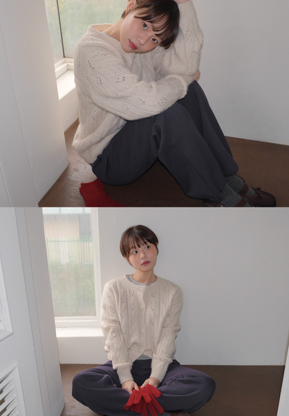 [FROM BEGINNING] Leaf Eyelet Knit Cardigan