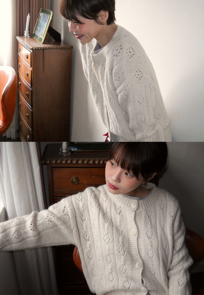 [FROM BEGINNING] Leaf Eyelet Knit Cardigan