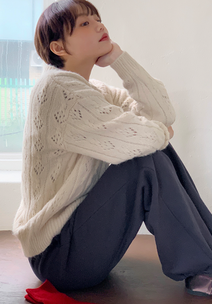 [FROM BEGINNING] Leaf Eyelet Knit Cardigan