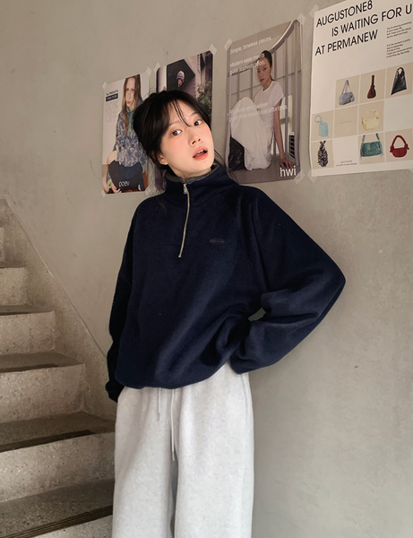 [SLOWAND] # SLOWMADE Memories Embroidery Coloring Fleece Semi-Zipup