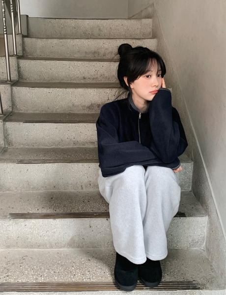 [SLOWAND] # SLOWMADE Memories Embroidery Coloring Fleece Semi-Zipup