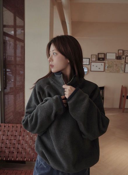 [SLOWAND] # SLOWMADE Memories Embroidery Coloring Fleece Semi-Zipup