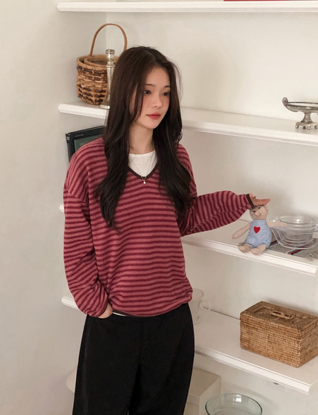 [SHOPPERLAND] Thick Stripe V-neck Napping Long-Sleeved T-shirt