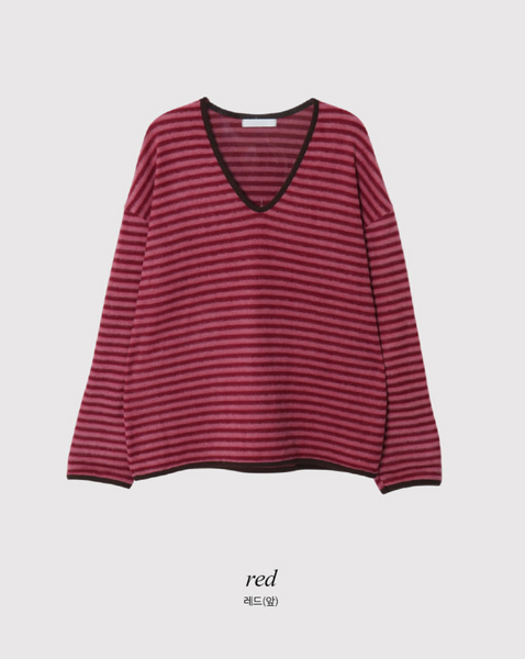 [SHOPPERLAND] Thick Stripe V-neck Napping Long-Sleeved T-shirt