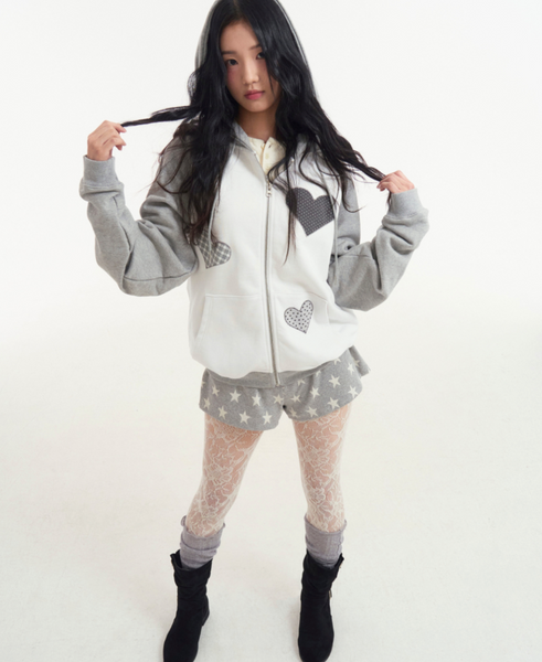 [ROGIN N ROSIE] Divided Heart Patch Hood Zip Up Gray