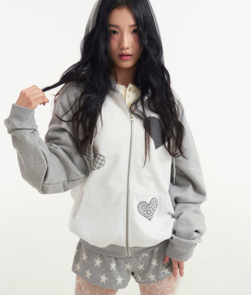 [ROGIN N ROSIE] Divided Heart Patch Hood Zip Up Gray