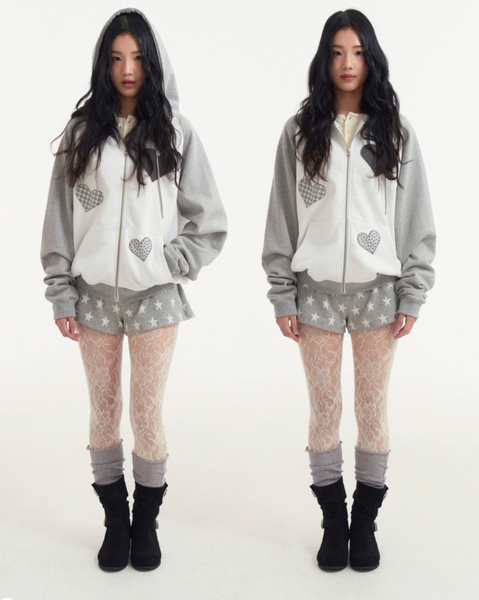 [ROGIN N ROSIE] Divided Heart Patch Hood Zip Up Gray