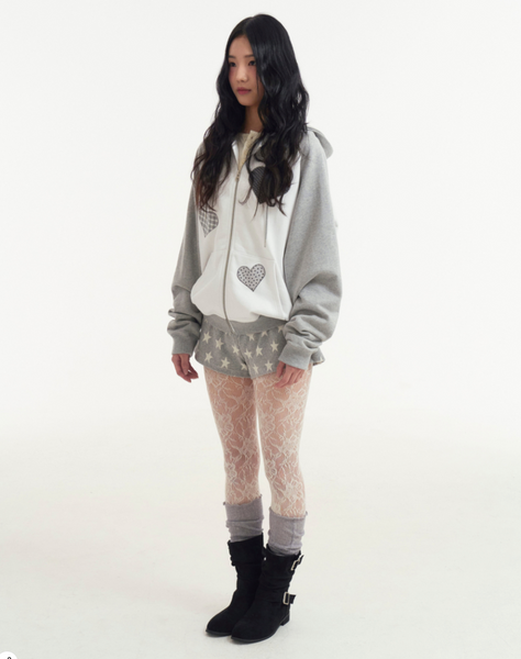 [ROGIN N ROSIE] Divided Heart Patch Hood Zip Up Gray