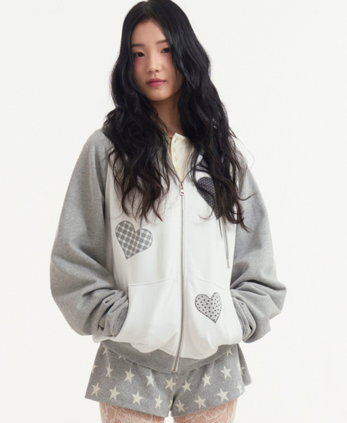 [ROGIN N ROSIE] Divided Heart Patch Hood Zip Up Gray
