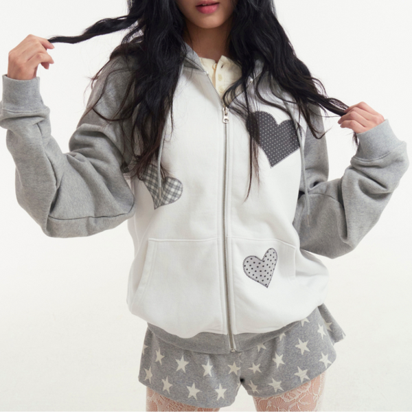[ROGIN N ROSIE] Divided Heart Patch Hood Zip Up Gray