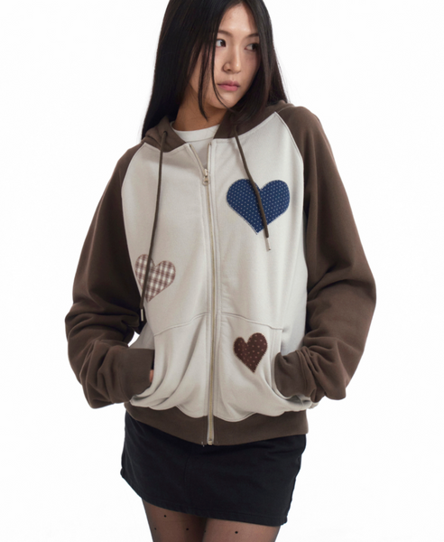 [ROGIN N ROSIE] Divided Heart Patch Hood Zip Up Brown