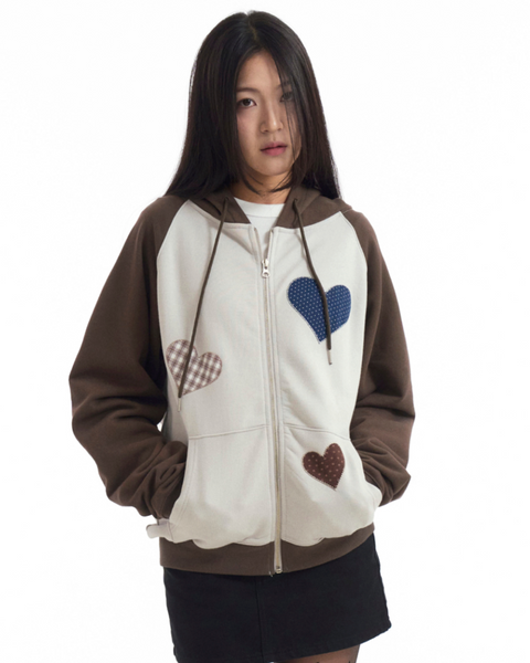 [ROGIN N ROSIE] Divided Heart Patch Hood Zip Up Brown