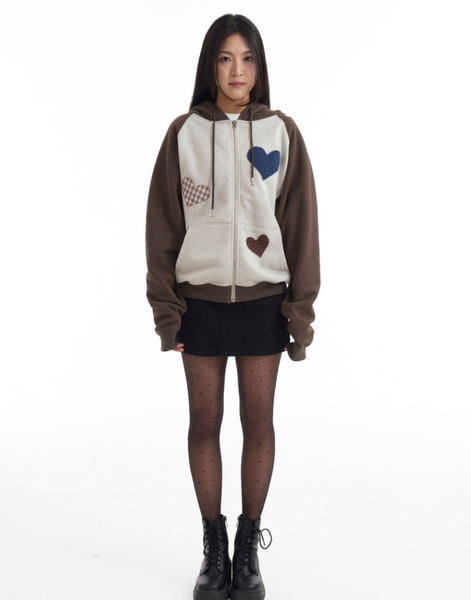 [ROGIN N ROSIE] Divided Heart Patch Hood Zip Up Brown