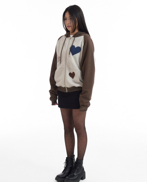 [ROGIN N ROSIE] Divided Heart Patch Hood Zip Up Brown