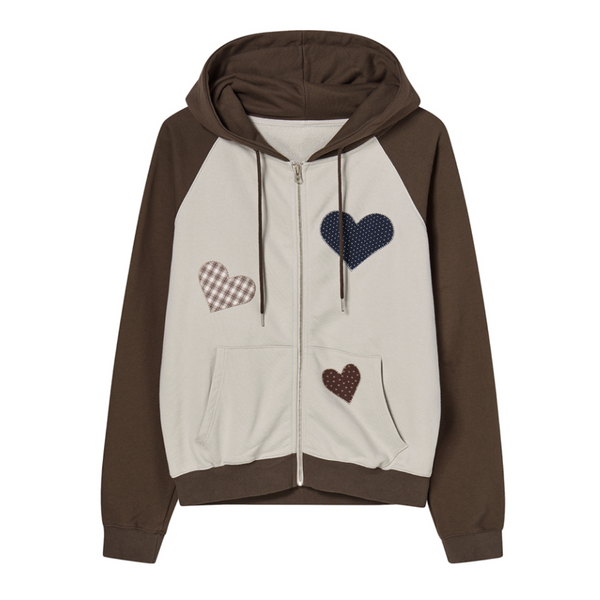 [ROGIN N ROSIE] Divided Heart Patch Hood Zip Up Brown