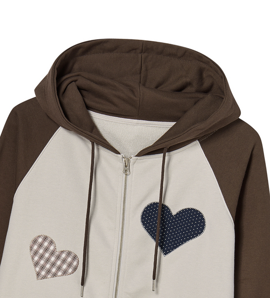 [ROGIN N ROSIE] Divided Heart Patch Hood Zip Up Brown