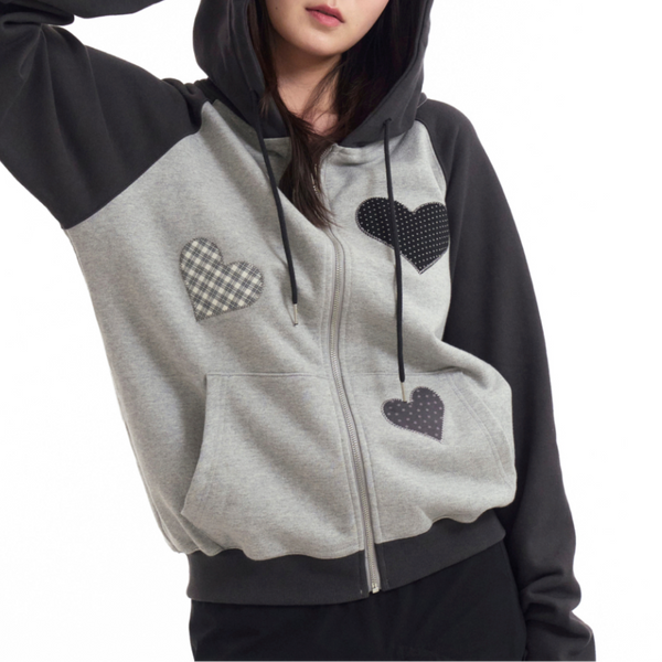 [ROGIN N ROSIE] Divided Heart Patch Hood Zip Up Charcoal