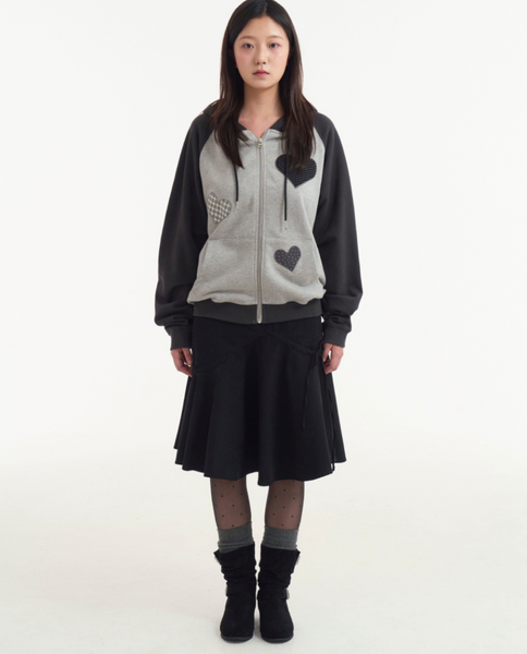 [ROGIN N ROSIE] Divided Heart Patch Hood Zip Up Charcoal