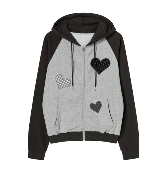 [ROGIN N ROSIE] Divided Heart Patch Hood Zip Up Charcoal
