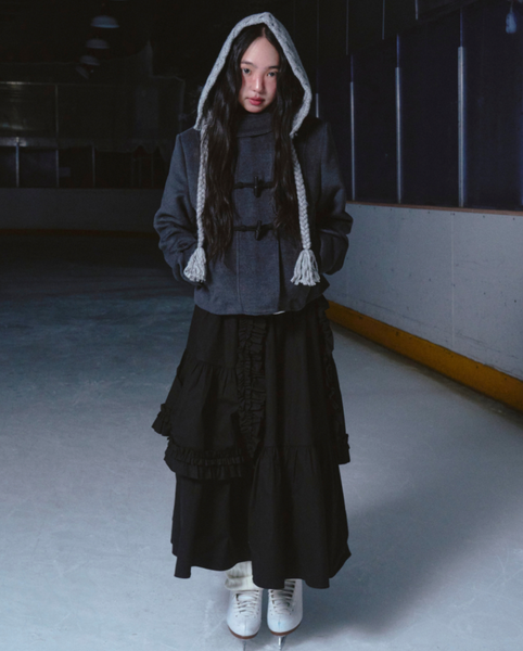 [ROGIN N ROSIE] Duffel Hoodie Fur Half Coat Charcoal