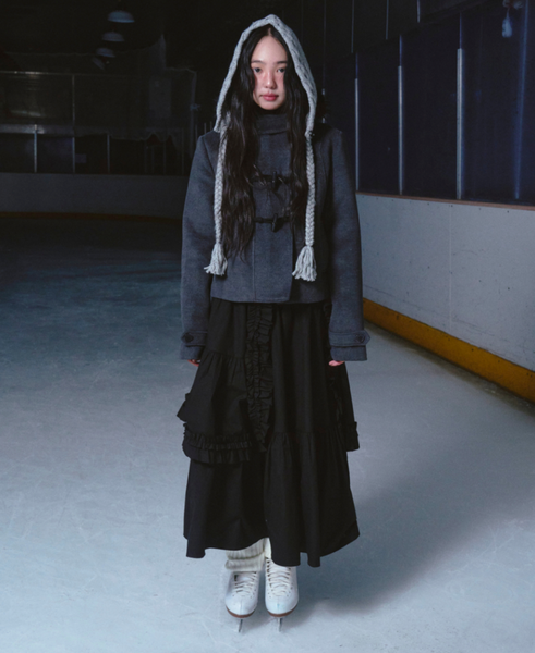 [ROGIN N ROSIE] Duffel Hoodie Fur Half Coat Charcoal