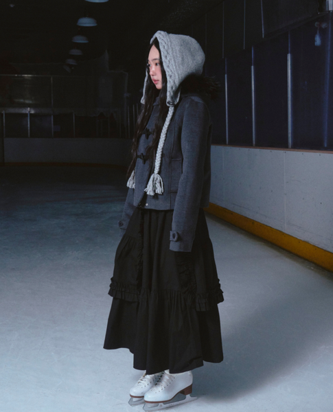 [ROGIN N ROSIE] Duffel Hoodie Fur Half Coat Charcoal