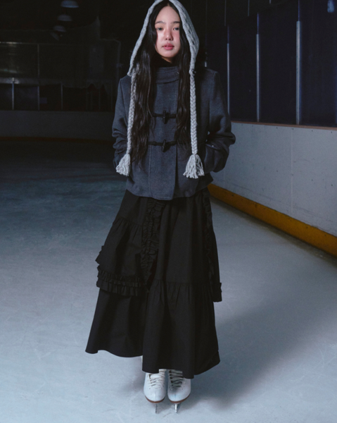 [ROGIN N ROSIE] Duffel Hoodie Fur Half Coat Charcoal