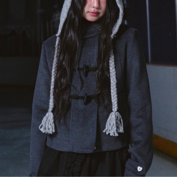 [ROGIN N ROSIE] Duffel Hoodie Fur Half Coat Charcoal