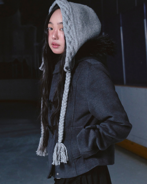 [ROGIN N ROSIE] Duffel Hoodie Fur Half Coat Charcoal