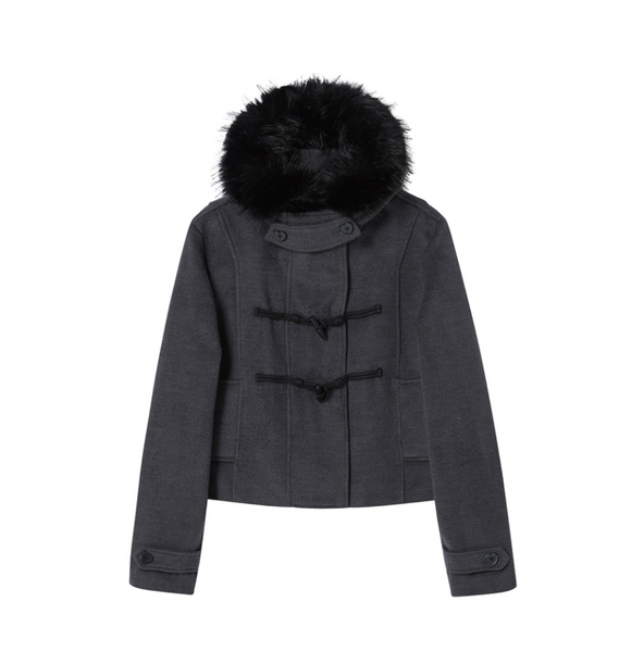 [ROGIN N ROSIE] Duffel Hoodie Fur Half Coat Charcoal