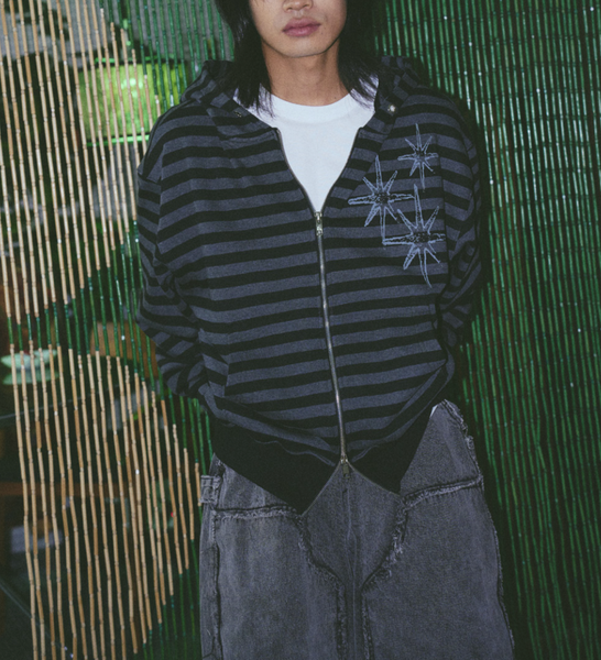 [UNTITLED SEOUL] STARRY NIGHT Stripe Hooded Zip-Up Black