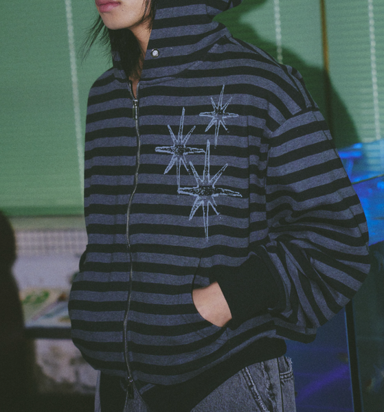 [UNTITLED SEOUL] STARRY NIGHT Stripe Hooded Zip-Up Black