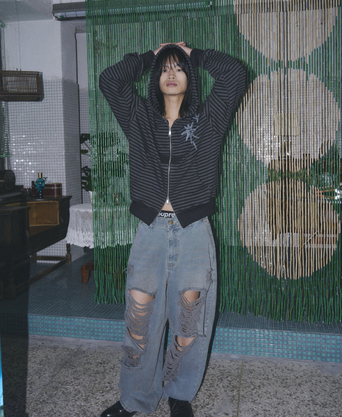 [UNTITLED SEOUL] STARRY NIGHT Small Stripe Hooded Zip-Up Black