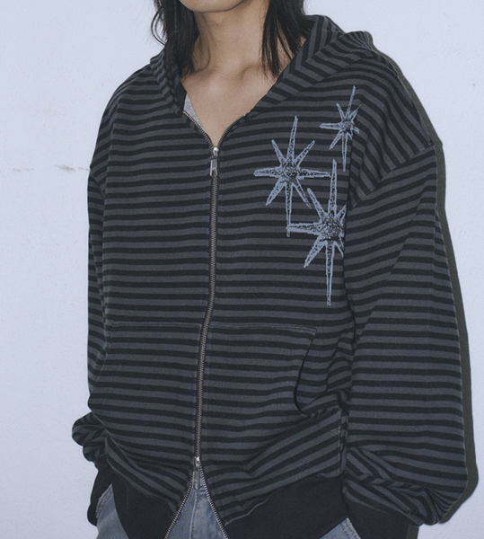 [UNTITLED SEOUL] STARRY NIGHT Small Stripe Hooded Zip-Up Black