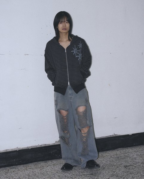 [UNTITLED SEOUL] STARRY NIGHT Small Stripe Hooded Zip-Up Black