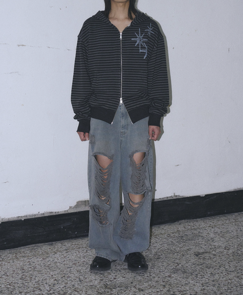 [UNTITLED SEOUL] STARRY NIGHT Small Stripe Hooded Zip-Up Black