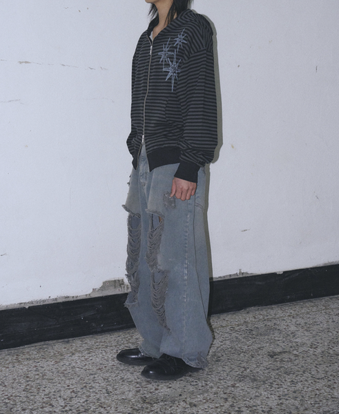 [UNTITLED SEOUL] STARRY NIGHT Small Stripe Hooded Zip-Up Black