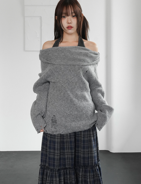 [BINARY01] Damage Off-Shoulder Knitwear