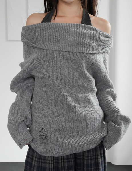 [BINARY01] Damage Off-Shoulder Knitwear